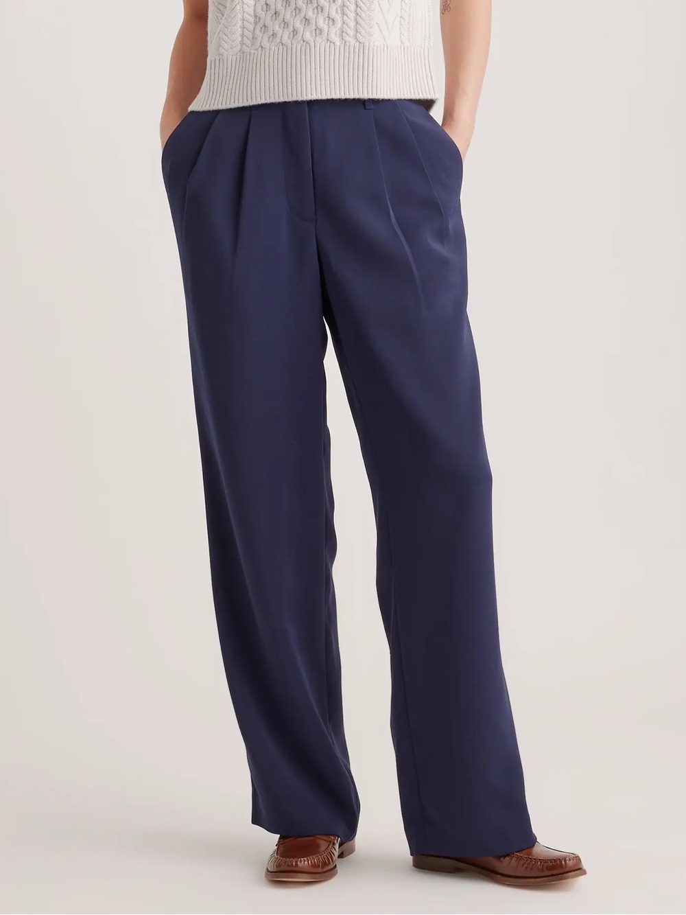 Quince stretch crepe pleated Navy Wide-Leg Trousers